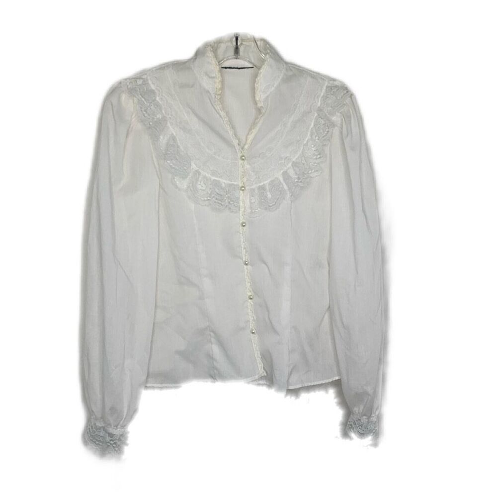 Vintage 80s White pearl button down puff shoulder tunic blouse